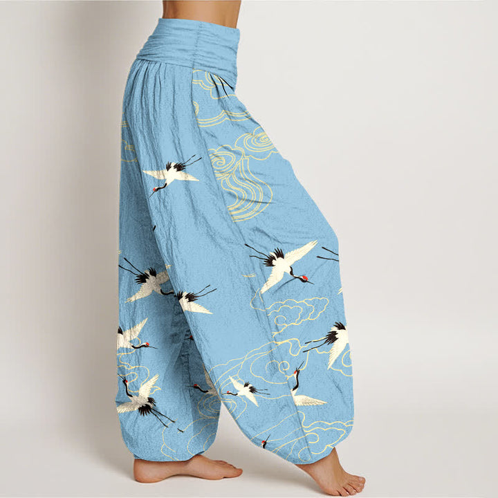 Buddha Stones Pantalones harem de algodón con estampado de grullas voladoras y cintura elástica para mujer. - image 9