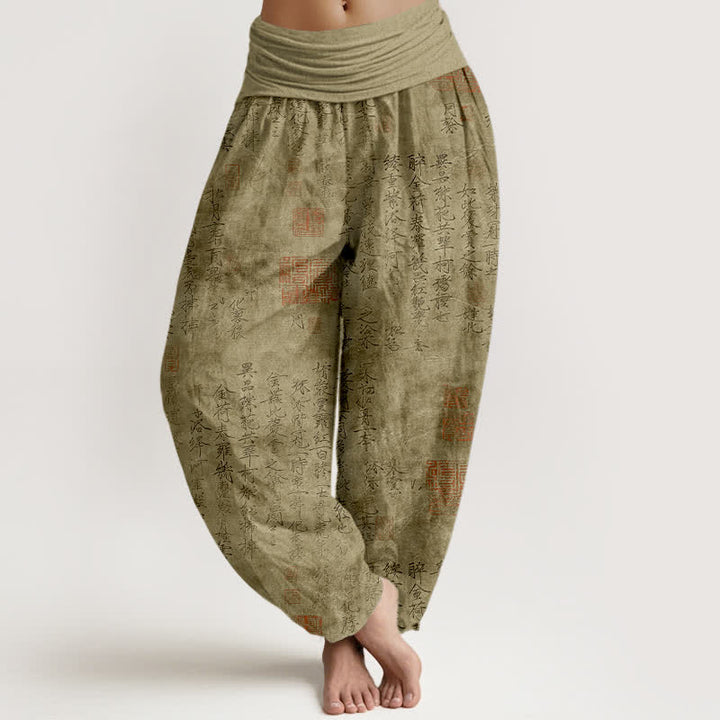 Buddha Stones Pantalones harem de algodón con estampado de sello rojo y caligrafía china para mujer. - Aceituna - US16，UK/AU20，EU48 (3XL) - image 8