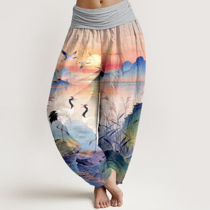 Buddha Stones Pantalones harem de mujer con cintura elástica y estampado de grulla de montaña y amanecer de algodón. - Gris claro - US16，UK/AU20，EU48 (3XL) - image 5
