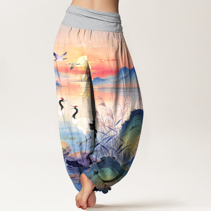 Buddha Stones Pantalones harem de mujer con cintura elástica y estampado de grulla de montaña y amanecer de algodón. - image 7