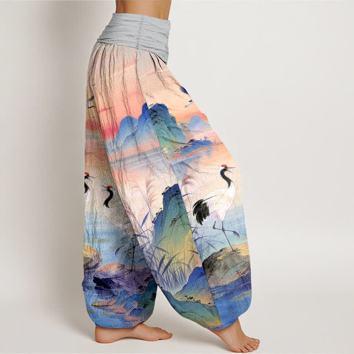 Buddha Stones Pantalones harem de mujer con cintura elástica y estampado de grulla de montaña y amanecer de algodón. - image 6