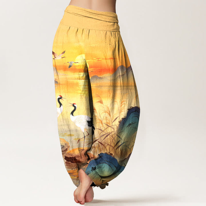 Buddha Stones Pantalones harem de mujer con cintura elástica y estampado de grulla de montaña y amanecer de algodón. - image 10