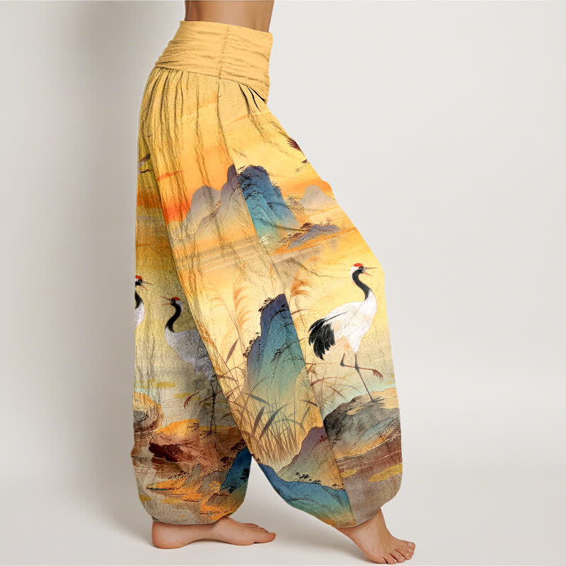 Buddha Stones Pantalones harem de mujer con cintura elástica y estampado de grulla de montaña y amanecer de algodón. - image 9