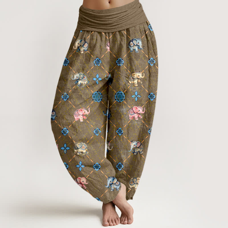 Buddha Stones Pantalones harem de mujer con cintura elástica y estampado floral de Cotton Elephant - Vara de oro oscura - US16，UK/AU20，EU48 (3XL) - image 5