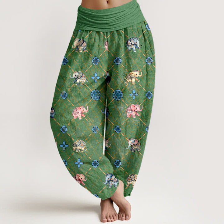 Buddha Stones Pantalones harem de mujer con cintura elástica y estampado floral de Cotton Elephant - Verde - US16，UK/AU20，EU48 (3XL) - image 8