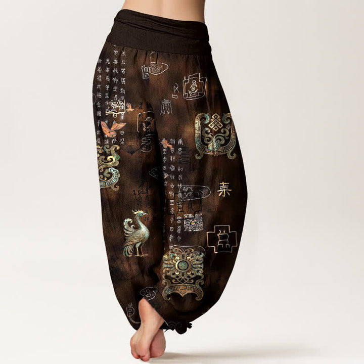 Buddha Stones Pantalones harem de mujer con cintura elástica y estampado de nubes de fénix de algodón. - image 2