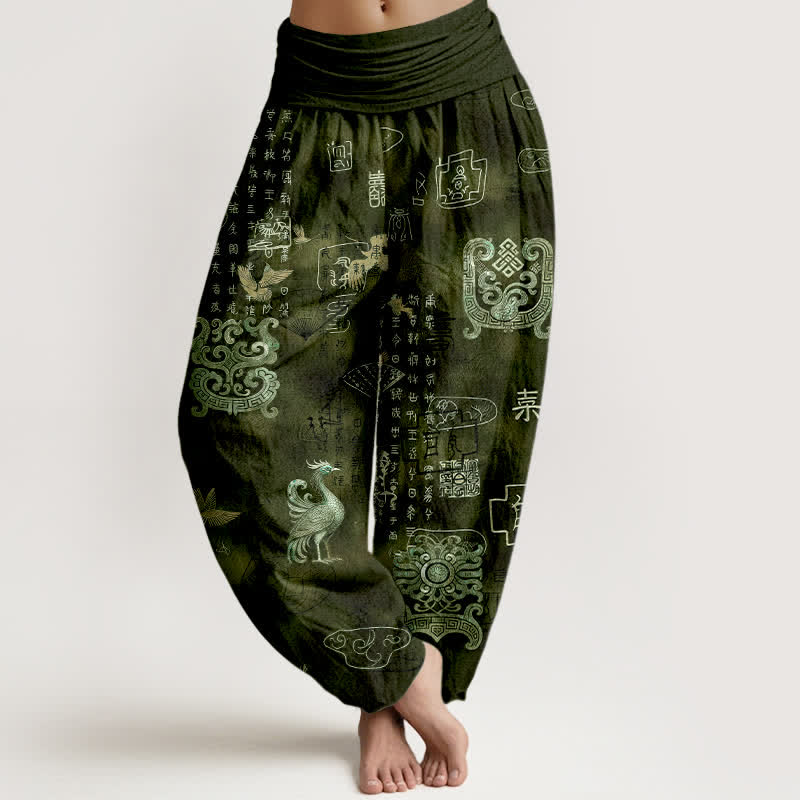 Buddha Stones Pantalones harem de mujer con cintura elástica y estampado de nubes de fénix de algodón. - Verde oliva oscuro - US16，UK/AU20，EU48 (3XL) - image 5