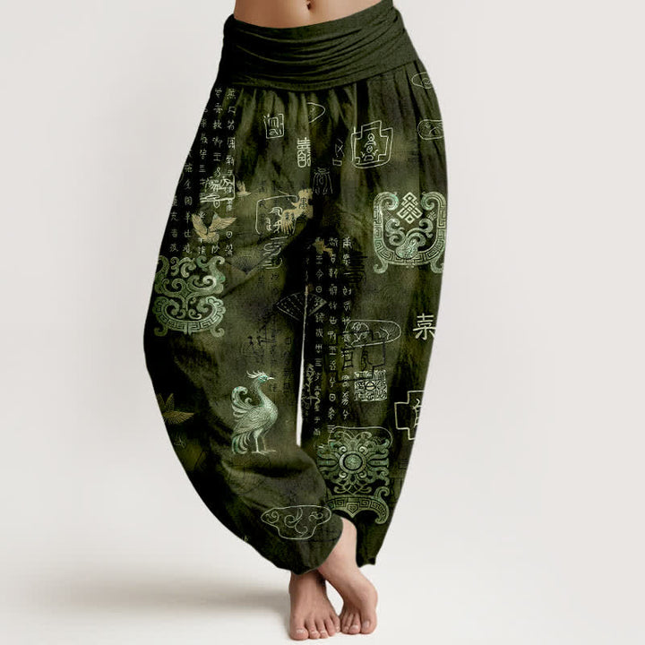 Buddha Stones Pantalones harem de mujer con cintura elástica y estampado de nubes de fénix de algodón. - Verde oliva oscuro - US16，UK/AU20，EU48 (3XL) - image 5