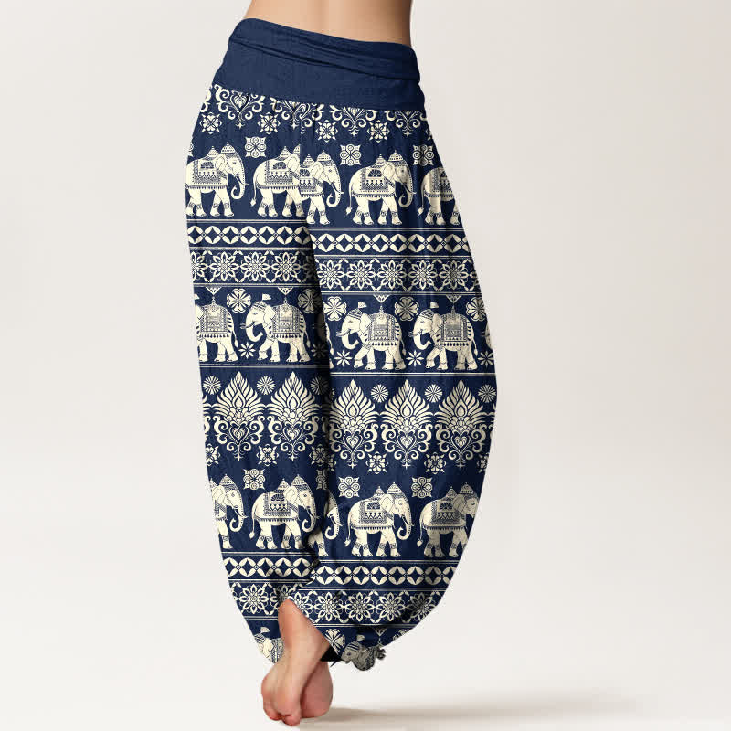 Buddha Stones Pantalones harem de mujer con cintura elástica y estampado tribal de rayas de Cotton Elephant - image 1