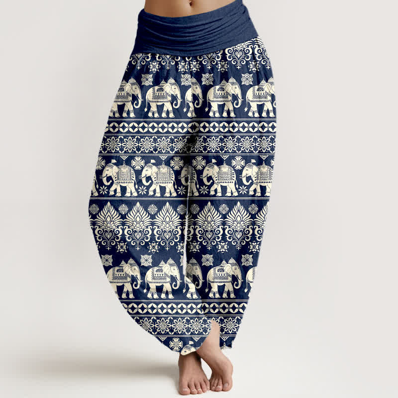 Buddha Stones Pantalones harem de mujer con cintura elástica y estampado tribal de rayas de Cotton Elephant - Marina de guerra - US16，UK/AU20，EU48 (3XL) - image 0