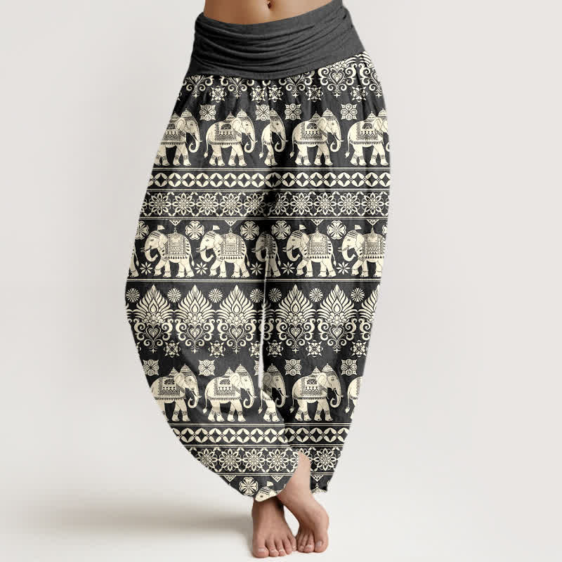 Buddha Stones Pantalones harem de mujer con cintura elástica y estampado tribal de rayas de Cotton Elephant - Gris oscuro - US16，UK/AU20，EU48 (3XL) - image 5