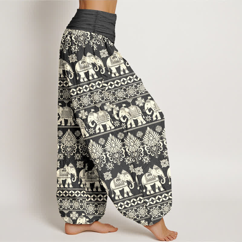 Buddha Stones Pantalones harem de mujer con cintura elástica y estampado tribal de rayas de Cotton Elephant - image 6
