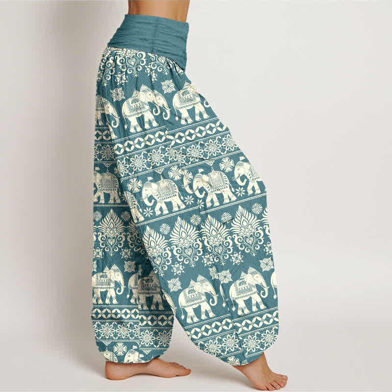 Buddha Stones Pantalones harem de mujer con cintura elástica y estampado tribal de rayas de Cotton Elephant - image 9