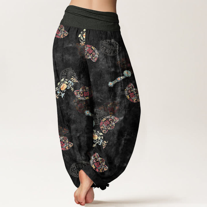 Buddha Stones Pantalones harem de algodón con estampado floral bohemio en forma de abanico para mujer, con cintura elástica. - image 2
