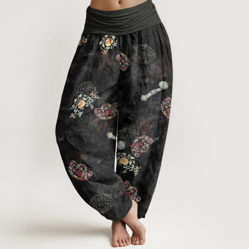 Buddha Stones Pantalones harem de algodón con estampado floral bohemio en forma de abanico para mujer, con cintura elástica. - Negro - US16，UK/AU20，EU48 (3XL) - image 0