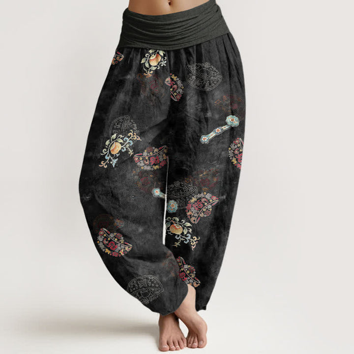 Buddha Stones Pantalones harem de algodón con estampado floral bohemio en forma de abanico para mujer, con cintura elástica. - Negro - US16，UK/AU20，EU48 (3XL) - image 0