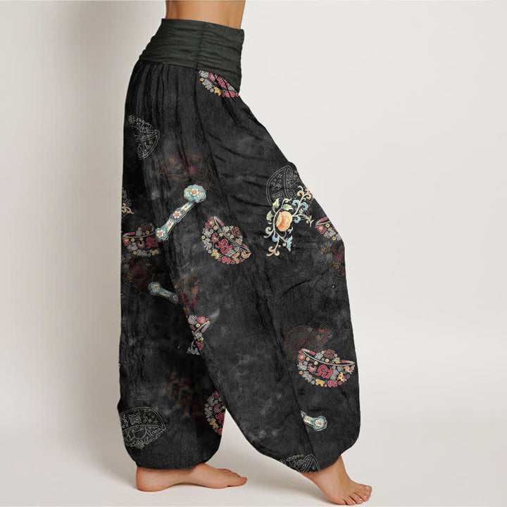 Buddha Stones Pantalones harem de algodón con estampado floral bohemio en forma de abanico para mujer, con cintura elástica. - image 1