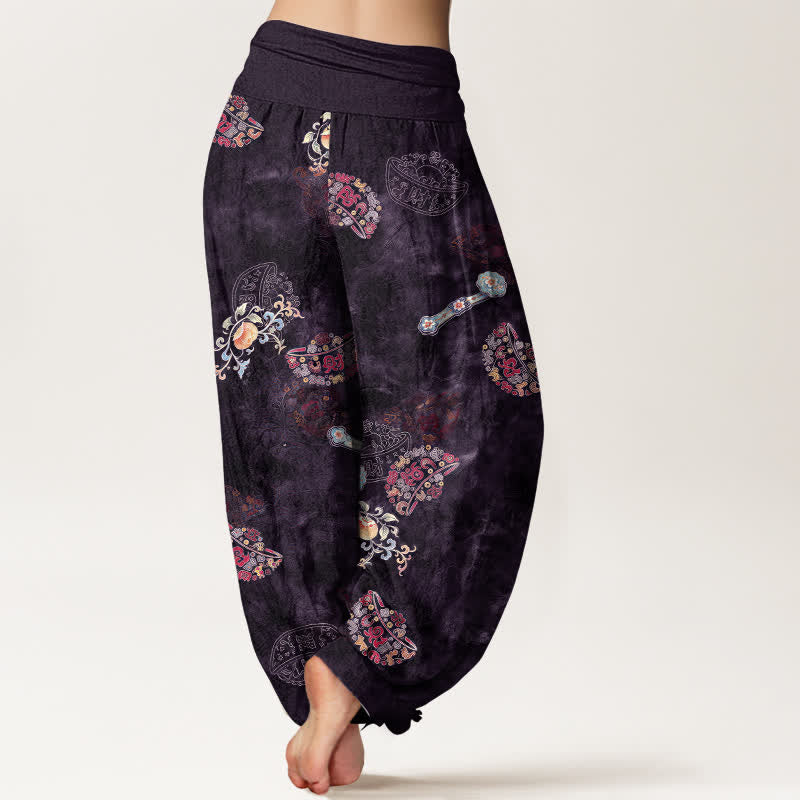 Buddha Stones Pantalones harem de algodón con estampado floral bohemio en forma de abanico para mujer, con cintura elástica. - image 7