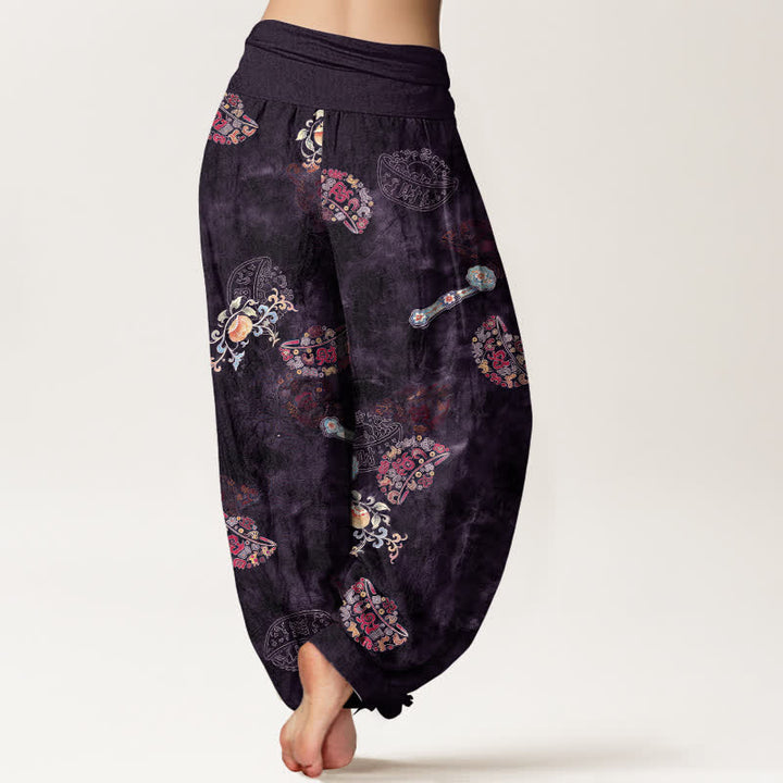 Buddha Stones Pantalones harem de algodón con estampado floral bohemio en forma de abanico para mujer, con cintura elástica. - image 7