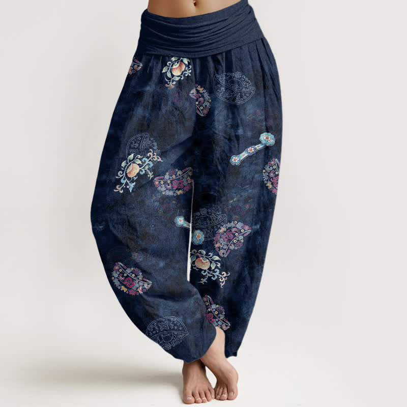 Buddha Stones Pantalones harem de algodón con estampado floral bohemio en forma de abanico para mujer, con cintura elástica. - Marina de guerra - US16，UK/AU20，EU48 (3XL) - image 8