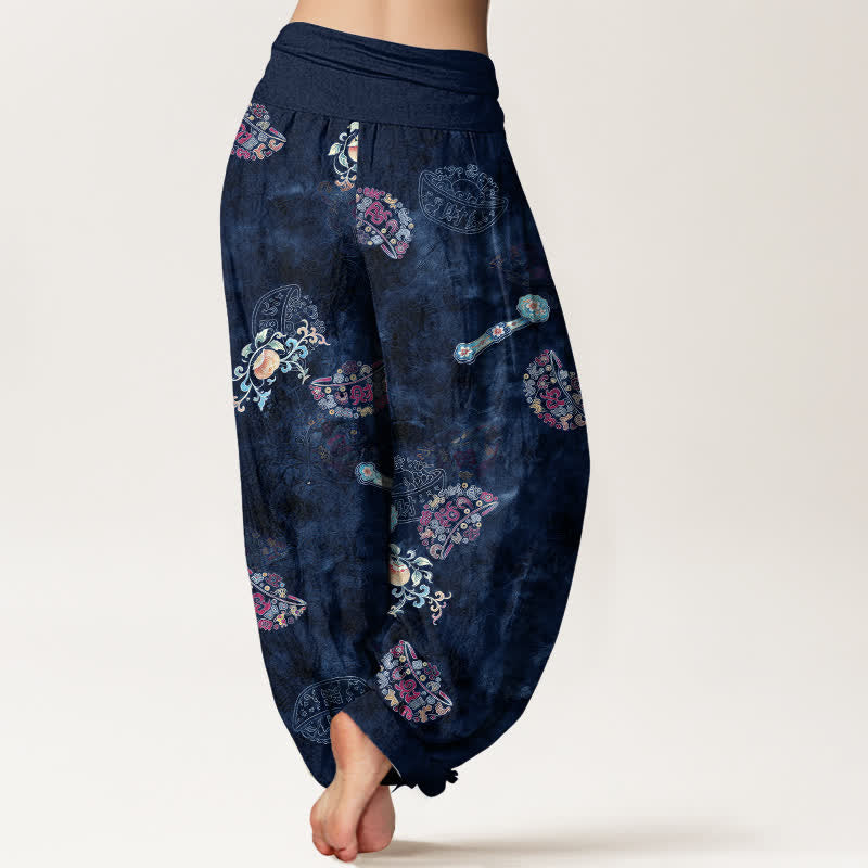 Buddha Stones Pantalones harem de algodón con estampado floral bohemio en forma de abanico para mujer, con cintura elástica. - image 10