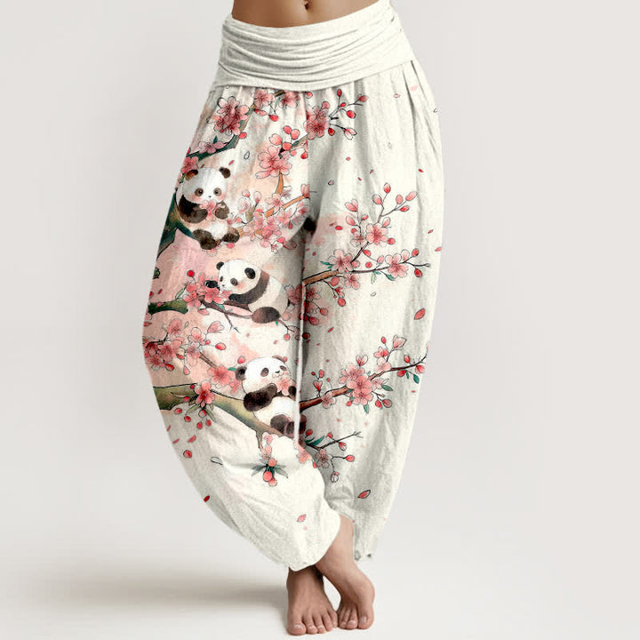 Buddha Stones Pantalones harem de cintura elástica para mujer con estampado de flores de cerezo de Cotton Panda - Blanco - US16，UK/AU20，EU48 (3XL) - image 0