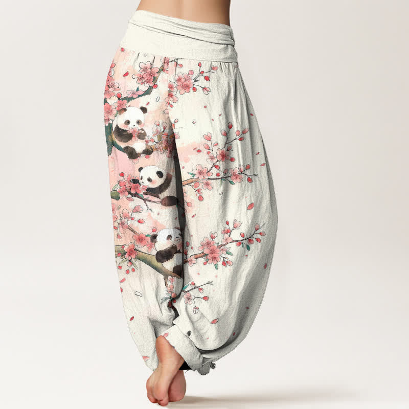 Buddha Stones Pantalones harem de cintura elástica para mujer con estampado de flores de cerezo de Cotton Panda - image 2