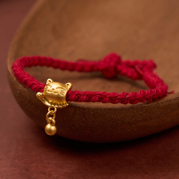 Buddha Stones Pulsera de protección tejida a mano con colgante de bola de gato de la suerte de cobre y cuerda roja tibetana - Rojo oscuro (circunferencia de la muñeca: 15-17 cm) - image 0