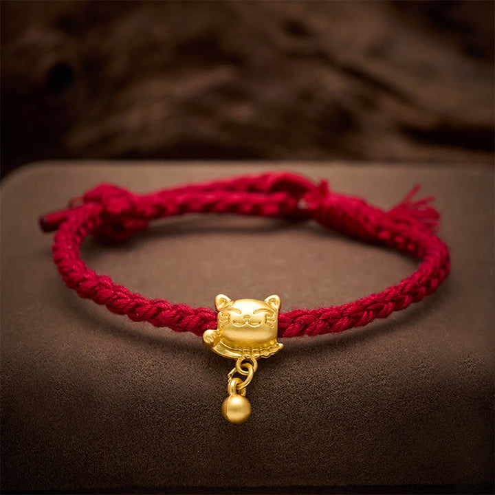 Buddha Stones Pulsera de protección tejida a mano con colgante de bola de gato de la suerte de cobre y cuerda roja tibetana - image 3
