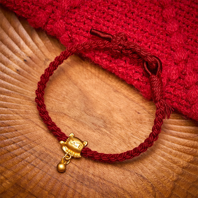 Buddha Stones Pulsera de protección tejida a mano con colgante de bola de gato de la suerte de cobre y cuerda roja tibetana - image 1