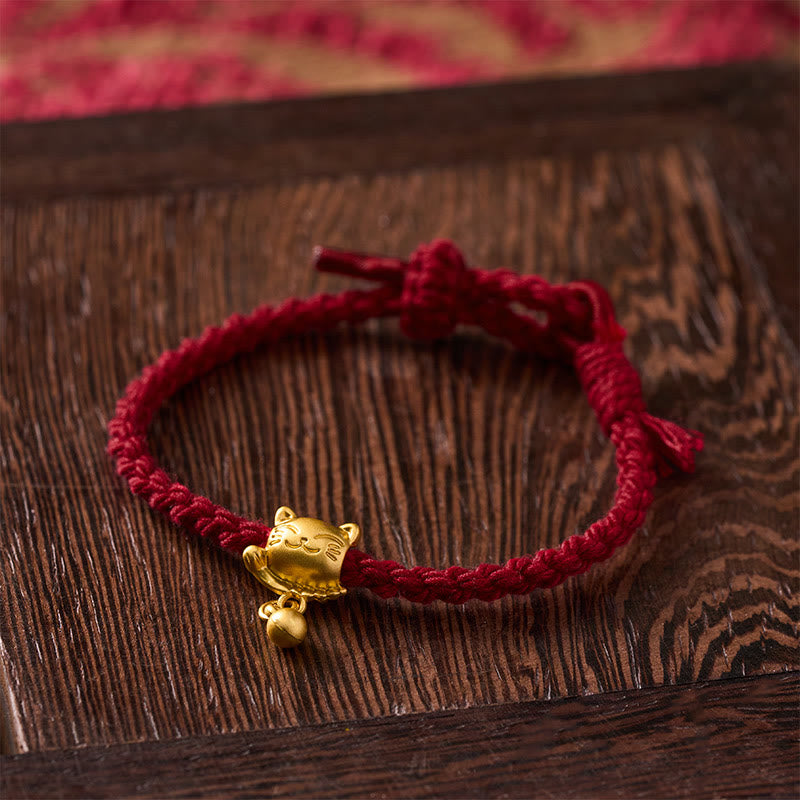 Buddha Stones Pulsera de protección tejida a mano con colgante de bola de gato de la suerte de cobre y cuerda roja tibetana - image 4