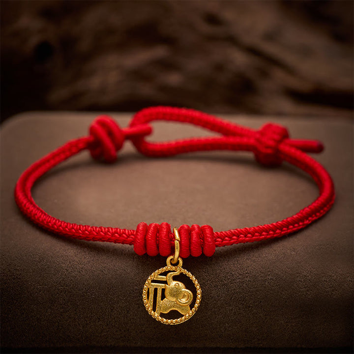 Buddha Stones Pulsera de la riqueza con diseño de elefante y cadena roja de cobre chapada en oro estilo Fu. - Rojo (circunferencia de la muñeca 15-18 cm) - image 0