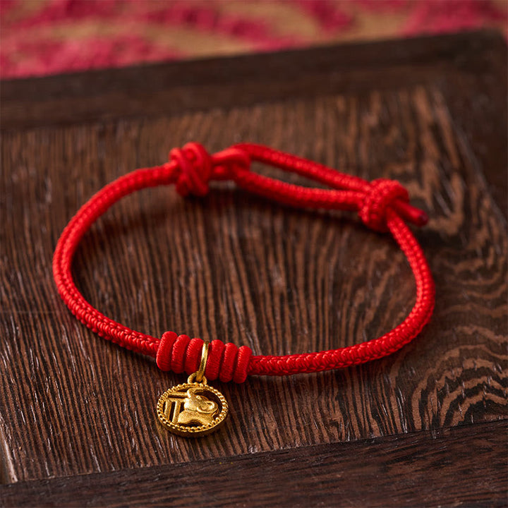 Buddha Stones Pulsera de la riqueza con diseño de elefante y cadena roja de cobre chapada en oro estilo Fu. - image 3