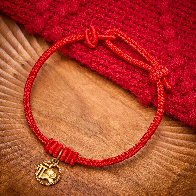 Buddha Stones Pulsera de la riqueza con diseño de elefante y cadena roja de cobre chapada en oro estilo Fu. - image 1