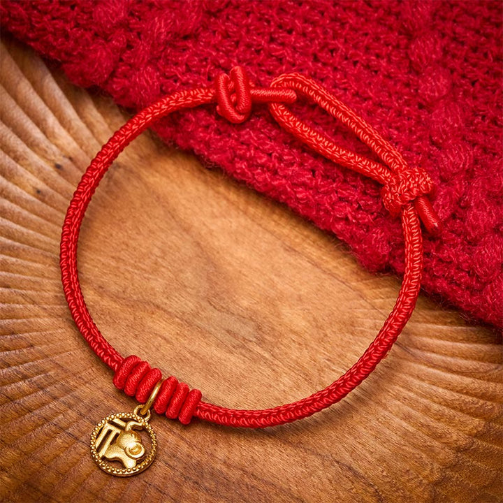 Buddha Stones Pulsera de la riqueza con diseño de elefante y cadena roja de cobre chapada en oro estilo Fu. - image 1