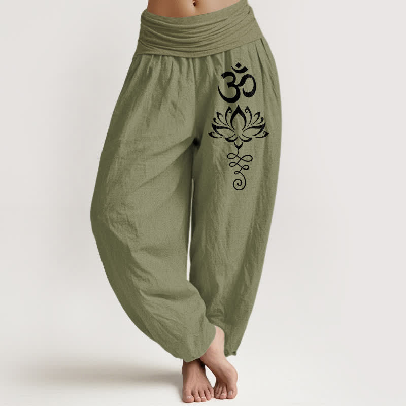 Buddha Stones Pantalones harem de algodón puro con estampado Lotus Om y cintura elástica para mujer. - Verde oliva - US16，UK/AU20，EU48 (3XL) - image 14