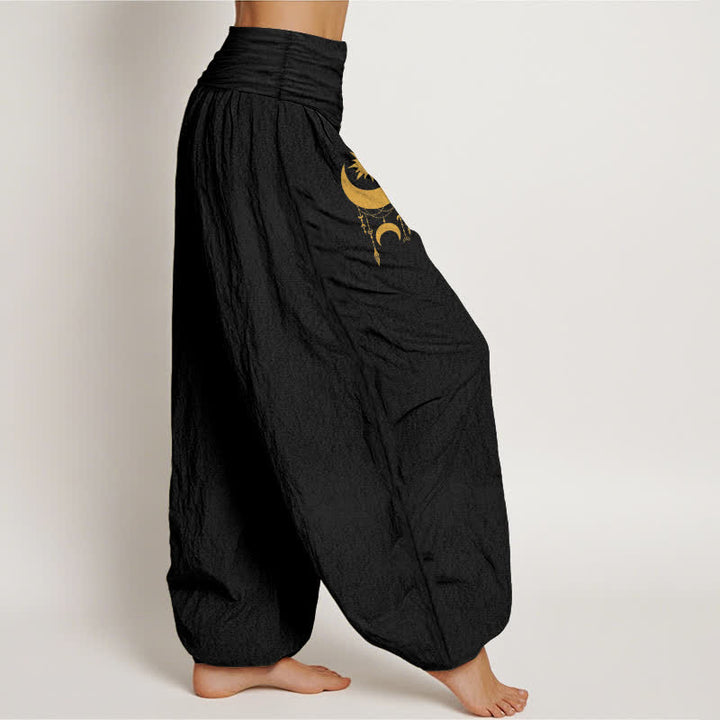 Buddha Stones Pantalones harem de mujer con cintura elástica, estampado de luna creciente dorada y estrellas, de algodón puro. - image 6