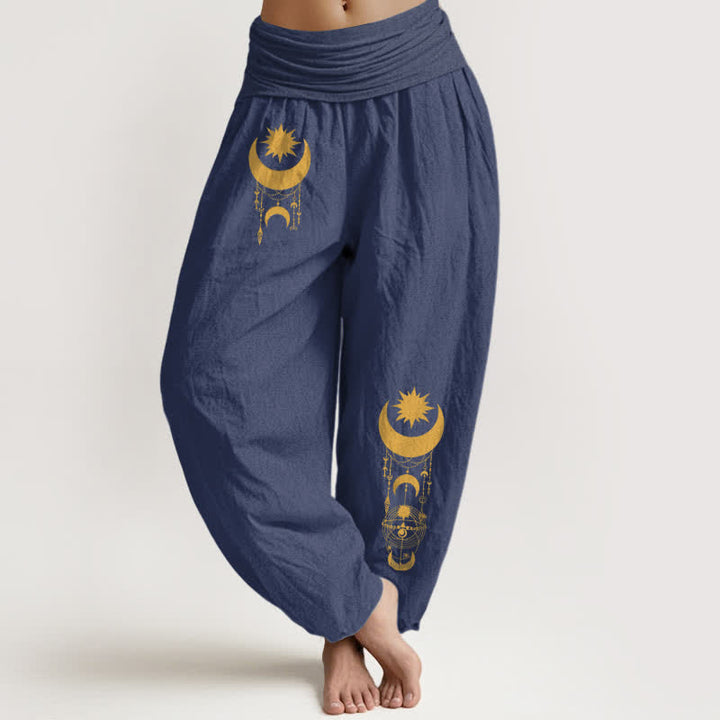 Buddha Stones Pantalones harem de mujer con cintura elástica, estampado de luna creciente dorada y estrellas, de algodón puro. - Azul pizarra oscuro - US16，UK/AU20，EU48 (3XL) - image 8