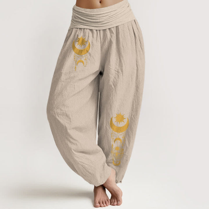 Buddha Stones Pantalones harem de mujer con cintura elástica, estampado de luna creciente dorada y estrellas, de algodón puro. - Broncearse - US16，UK/AU20，EU48 (3XL) - image 14