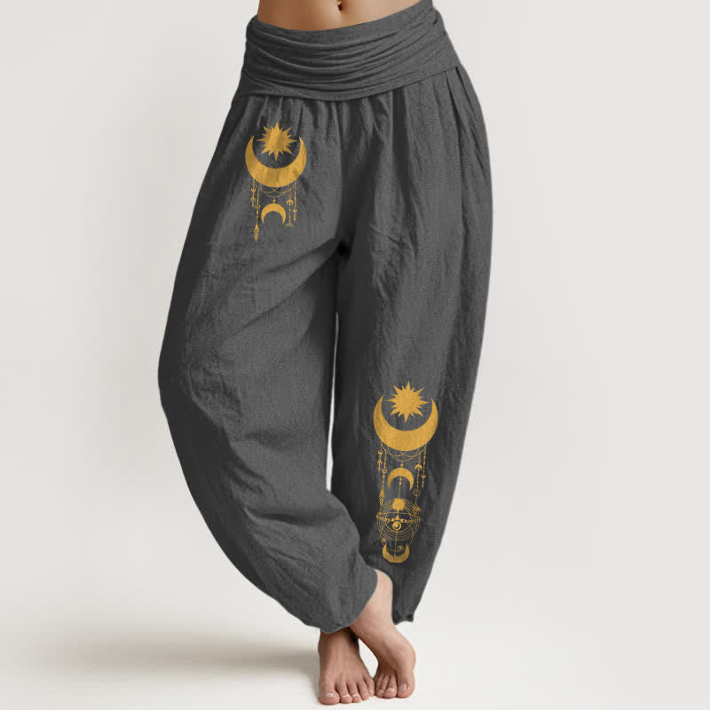Buddha Stones Pantalones harem de mujer con cintura elástica, estampado de luna creciente dorada y estrellas, de algodón puro. - Gris oscuro - US16，UK/AU20，EU48 (3XL) - image 0