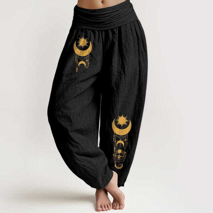 Buddha Stones Pantalones harem de mujer con cintura elástica, estampado de luna creciente dorada y estrellas, de algodón puro. - Negro - US16，UK/AU20，EU48 (3XL) - image 5