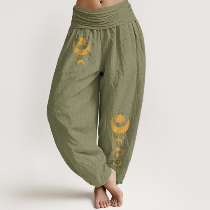 Buddha Stones Pantalones harem de mujer con cintura elástica, estampado de luna creciente dorada y estrellas, de algodón puro. - Verde oliva - US16，UK/AU20，EU48 (3XL) - image 11