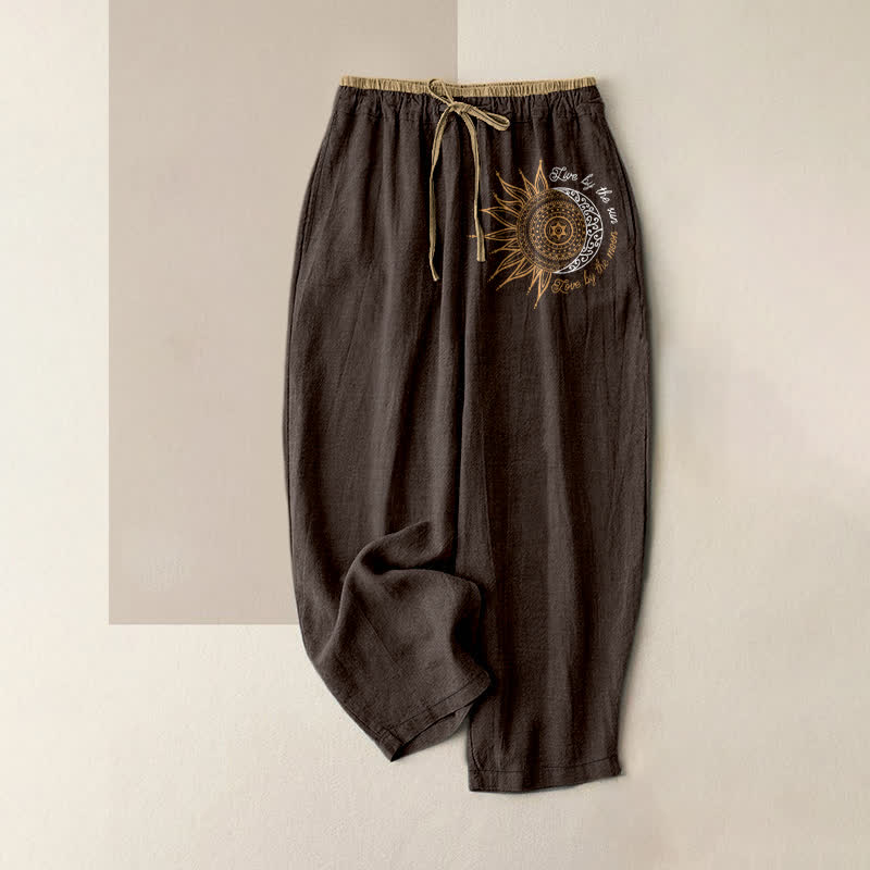 Buddha Stones Pantalones de mujer de algodón puro con estampado de mandala de sol y luna, cintura elástica y bolsillos. - Marrón silla de montar - US16，UK/AU20，EU48 (3XL) - image 4