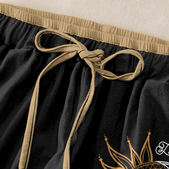 Buddha Stones Pantalones de mujer de algodón puro con estampado de mandala de sol y luna, cintura elástica y bolsillos. - image 1