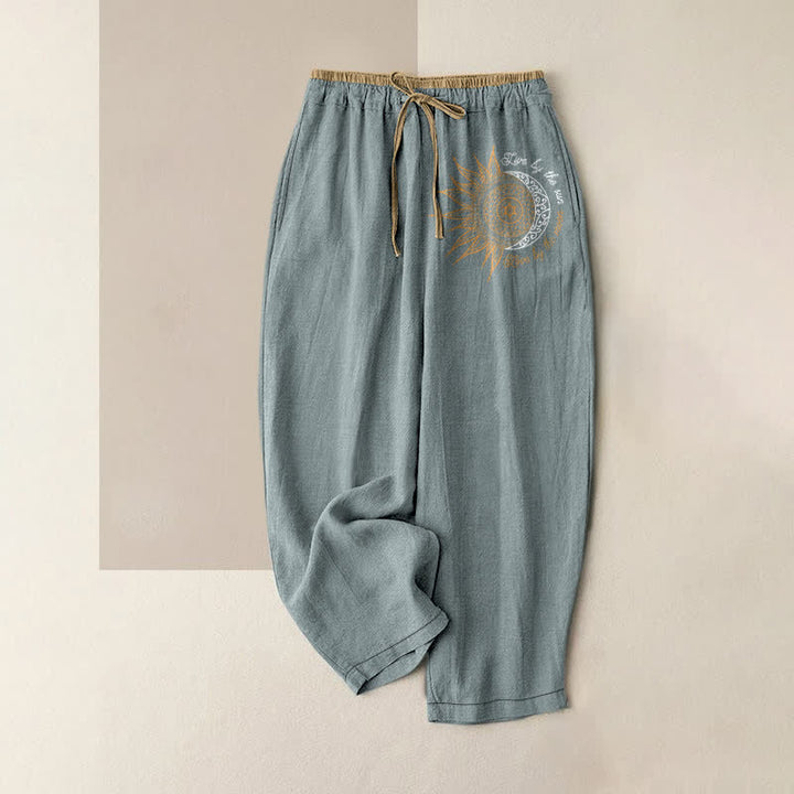 Buddha Stones Pantalones de mujer de algodón puro con estampado de mandala de sol y luna, cintura elástica y bolsillos. - Azul claro - US16，UK/AU20，EU48 (3XL) - image 8