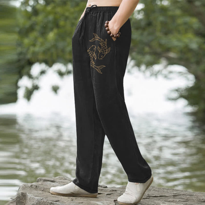 Buddha Stones Pantalones de hombre de algodón con estampado de carpas doradas, corte ajustado y bolsillos. - image 1