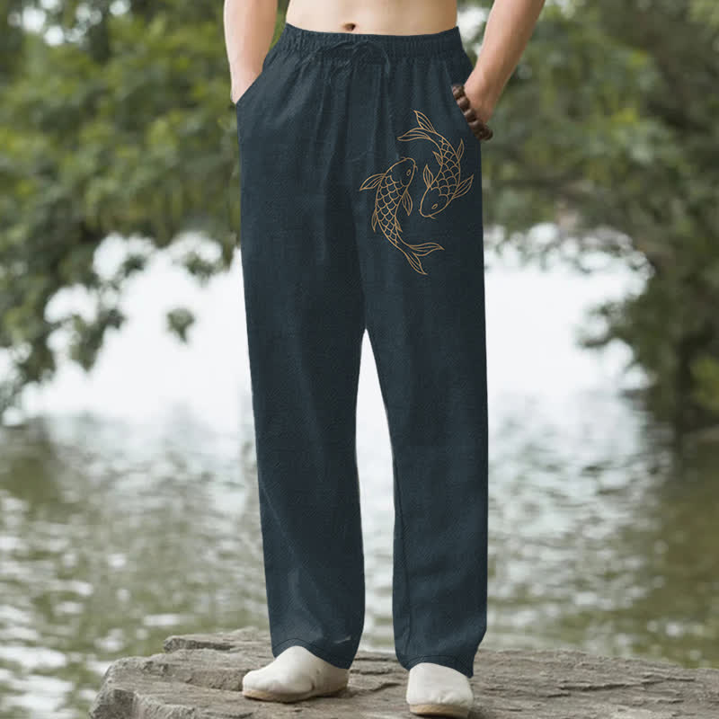 Buddha Stones Pantalones de hombre de algodón con estampado de carpas doradas, corte ajustado y bolsillos. - Gris pizarra oscuro - US/UK/AU50, EU60 (5XL) - image 4