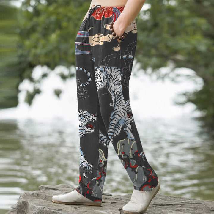 Buddha Stones Pantalones de hombre de algodón blanco con estampado de tigre y nubes, corte ajustado y bolsillos. - image 1
