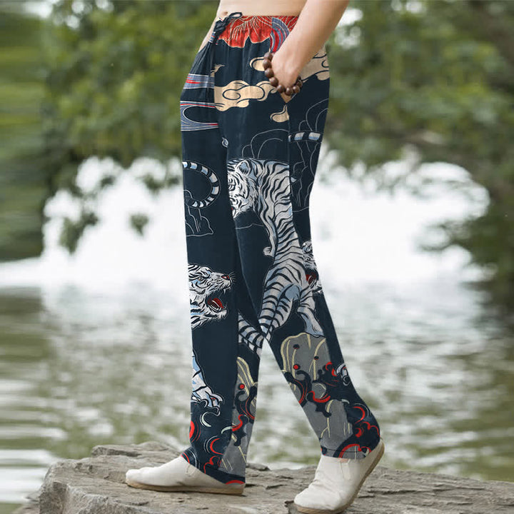 Buddha Stones Pantalones de hombre de algodón blanco con estampado de tigre y nubes, corte ajustado y bolsillos. - image 5