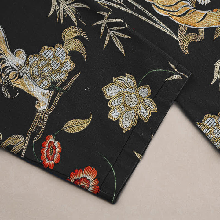 Buddha Stones Pantalones de hombre de algodón con estampado floral de bambú y diseño de tigre, corte ajustado y bolsillos. - image 2